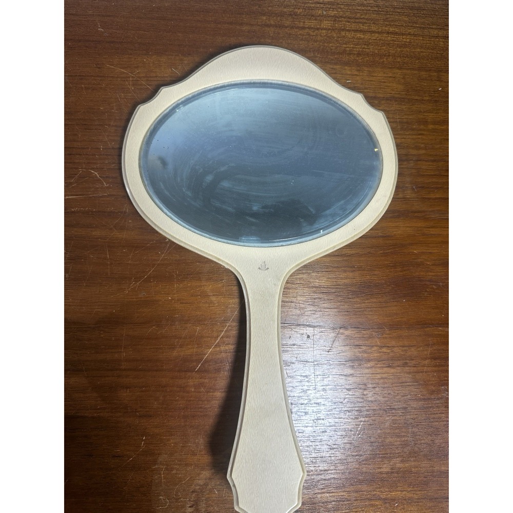 Vintage Goldaleur Hand Mirror Gold Glitter Back Cream Vanity MCM 1950s